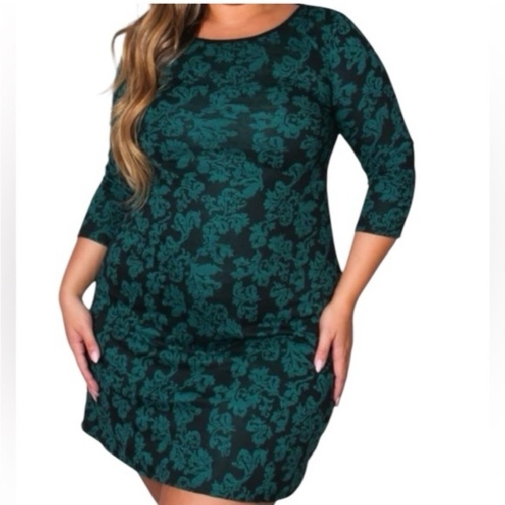 New Poliana Plus green/black 3/4 quarter sleeve dress. Size shows XL measured M.